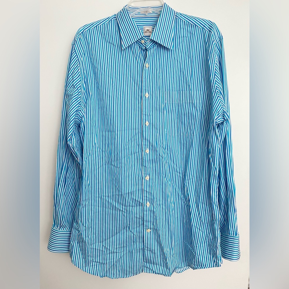 Peter Millar 100% Cotton Button Up Shirt Blue and White Striped sz Large